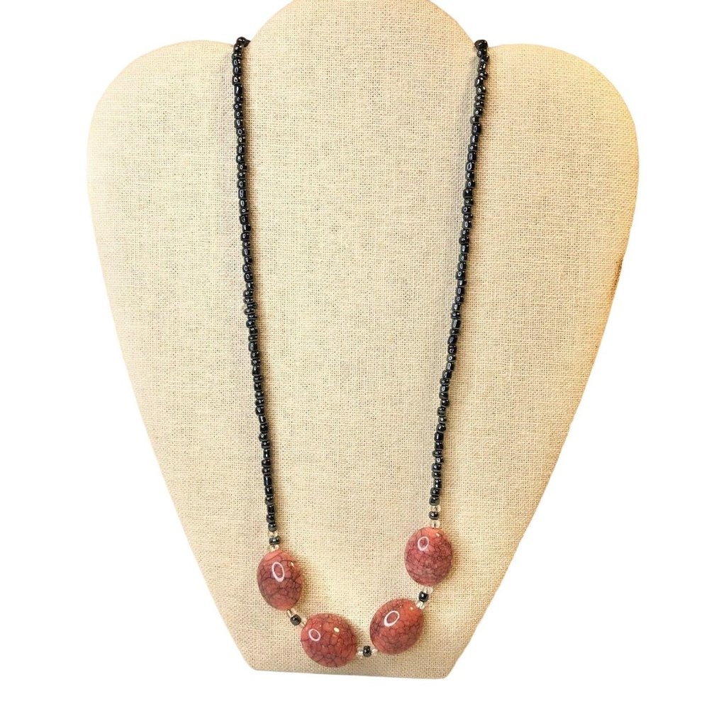 Handcrafted Beaded Necklace Mauve Ceramic Beads With Smaller Pewter Beads NEW